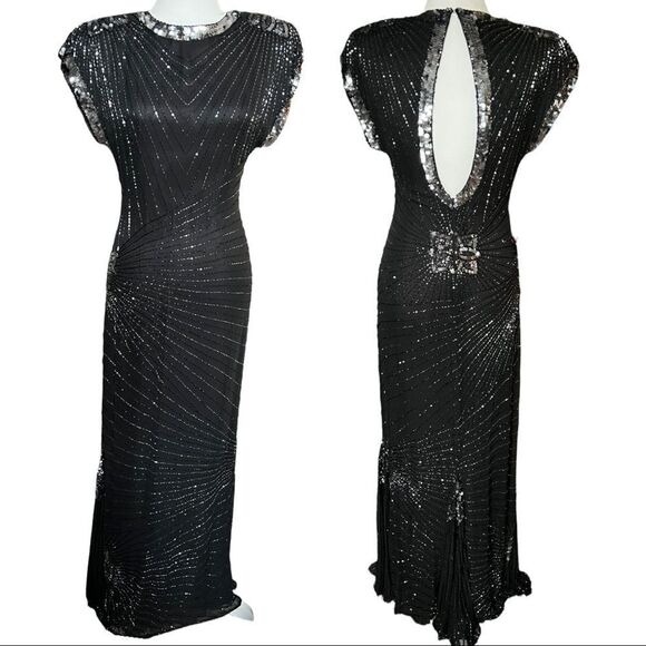 NWT Vintage BlackBeaded Long Evening Gown Cap Drape Sleeve Shoulder Pads Size 4 - Picture 1 of 16